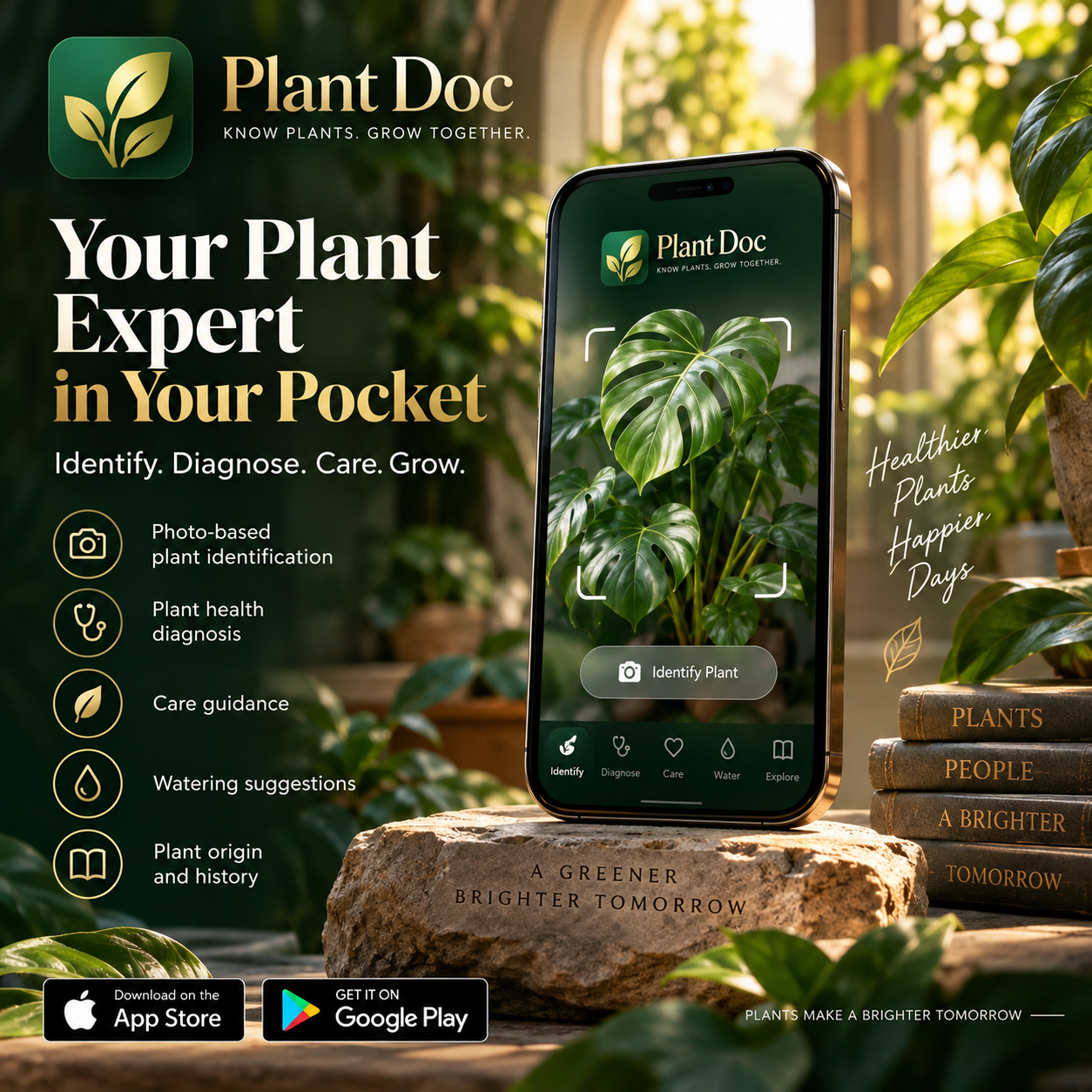 Approved Plant Doc marketing artwork showing botanical leaves, a phone interface, and plant care features
